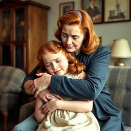 A heartfelt scene depicting a middle-aged woman embracing a crying teenage girl with red hair in a 1940s setting