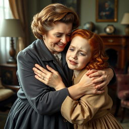 A heartfelt scene depicting a middle-aged woman embracing a crying teenage girl with red hair in a 1940s setting