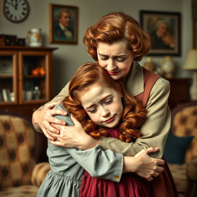 A heartfelt scene depicting a middle-aged woman embracing a crying teenage girl with red hair in a 1940s setting