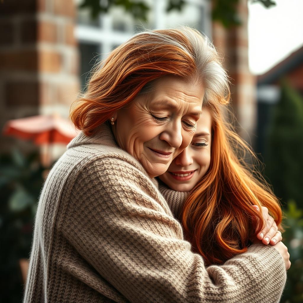 An elderly woman tenderly embracing a crying red-haired teenager, showcasing a moment of compassion and support