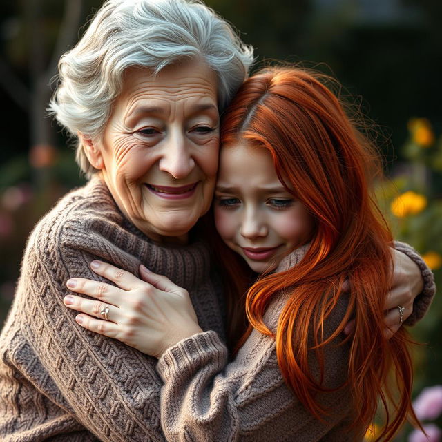 An elderly woman tenderly embracing a crying red-haired teenager, showcasing a moment of compassion and support