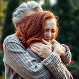 An elderly woman tenderly embracing a crying red-haired teenager, showcasing a moment of compassion and support
