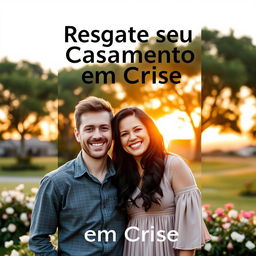 A captivating book cover for 'Resgate seu Casamento em Crise', featuring a joyful couple standing together, smiling brightly