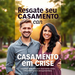 A captivating book cover for 'Resgate seu Casamento em Crise', featuring a joyful couple standing together, smiling brightly