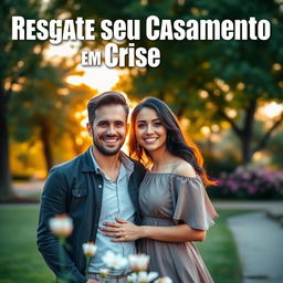 A captivating book cover for 'Resgate seu Casamento em Crise', featuring a joyful couple standing together, smiling brightly