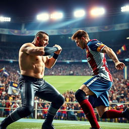 A dramatic and intense scene depicting a fictional showdown between professional wrestler Randy Orton and soccer superstar Lionel Messi in a vibrant stadium