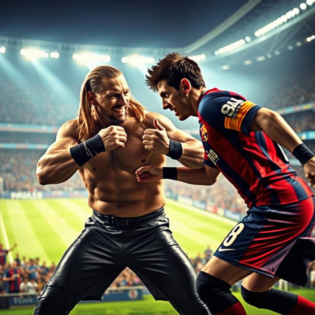 A dramatic and intense scene depicting a fictional showdown between professional wrestler Randy Orton and soccer superstar Lionel Messi in a vibrant stadium