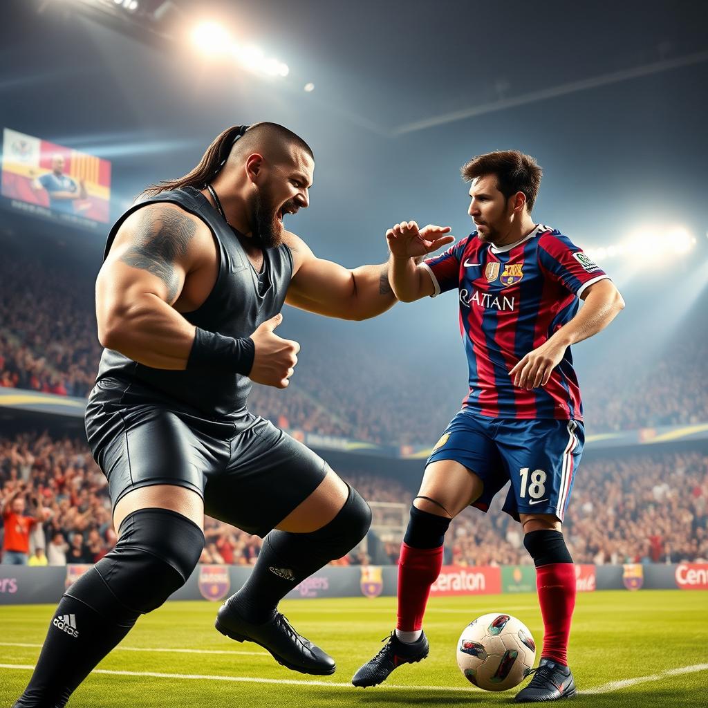 A dramatic and intense scene depicting a fictional showdown between professional wrestler Randy Orton and soccer superstar Lionel Messi in a vibrant stadium