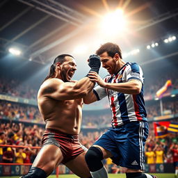 A dramatic and intense scene depicting a fictional showdown between professional wrestler Randy Orton and soccer superstar Lionel Messi in a vibrant stadium