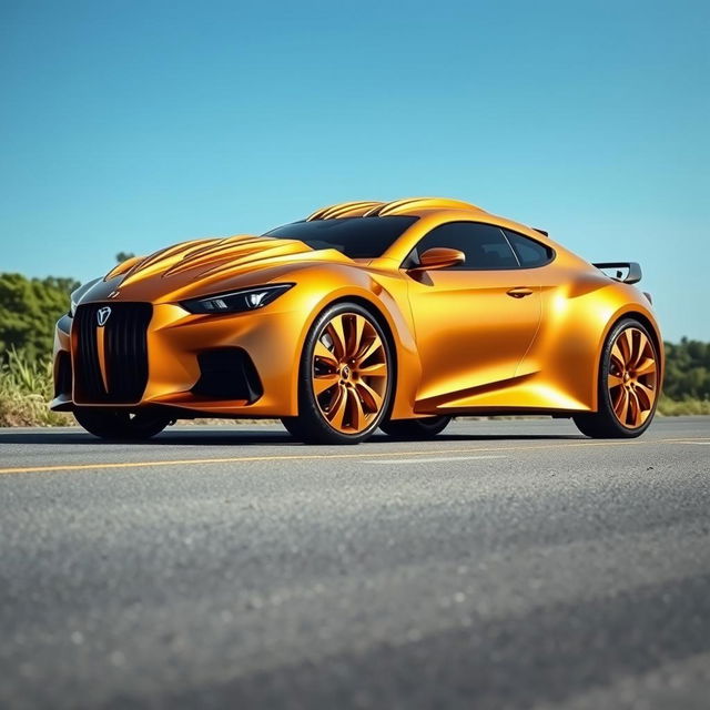 A striking and unique car designed in the shape of a lion, featuring a sleek and aerodynamic body that mimics the contours of a lion's muscular build