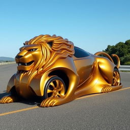 A striking and unique car designed in the shape of a lion, featuring a sleek and aerodynamic body that mimics the contours of a lion's muscular build