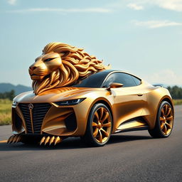 A striking and unique car designed in the shape of a lion, featuring a sleek and aerodynamic body that mimics the contours of a lion's muscular build