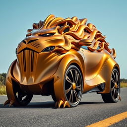 A striking and unique car designed in the shape of a lion, featuring a sleek and aerodynamic body that mimics the contours of a lion's muscular build