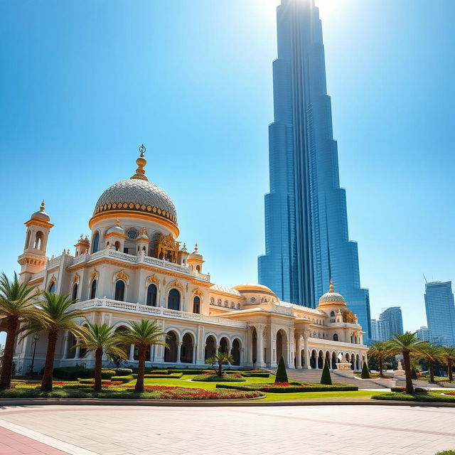 A majestic palace in Dubai standing elegantly next to the iconic Burj Khalifa