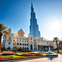 A majestic palace in Dubai standing elegantly next to the iconic Burj Khalifa