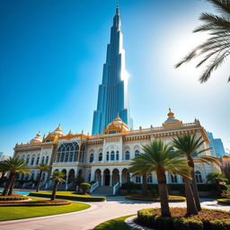 A majestic palace in Dubai standing elegantly next to the iconic Burj Khalifa