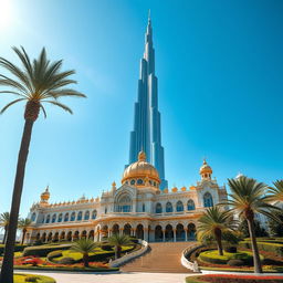 A majestic palace in Dubai standing elegantly next to the iconic Burj Khalifa