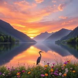 A serene landscape depicting a beautiful sunrise over a tranquil lake surrounded by majestic mountains