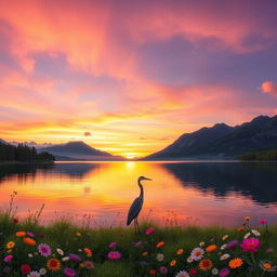 A serene landscape depicting a beautiful sunrise over a tranquil lake surrounded by majestic mountains