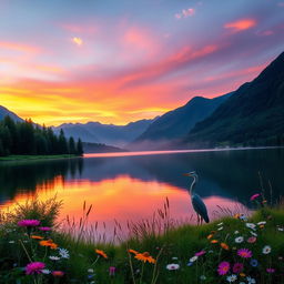 A serene landscape depicting a beautiful sunrise over a tranquil lake surrounded by majestic mountains