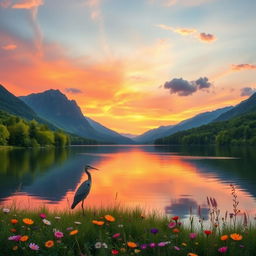A serene landscape depicting a beautiful sunrise over a tranquil lake surrounded by majestic mountains