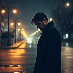 A somber scene featuring a man standing alone on a deserted street under a heavy downpour, illuminated by flickering streetlights