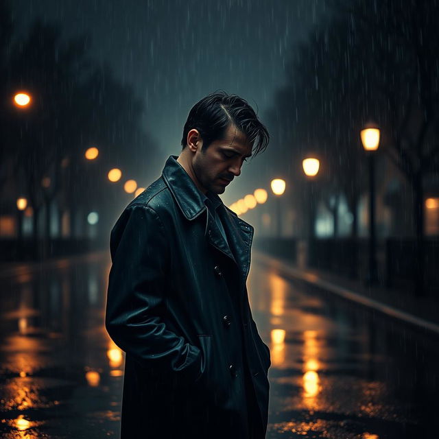 A somber scene featuring a man standing alone on a deserted street under a heavy downpour, illuminated by flickering streetlights