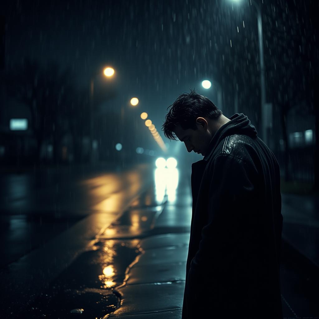 A somber scene featuring a man standing alone on a deserted street under a heavy downpour, illuminated by flickering streetlights