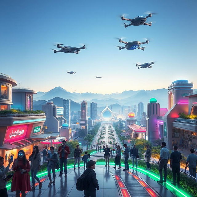 A futuristic vision of Iran featuring advanced technology and vibrant urban landscapes