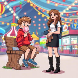 A cheerful scene in a carnival filled with vibrant lights and colorful attractions