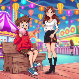 A cheerful scene in a carnival filled with vibrant lights and colorful attractions