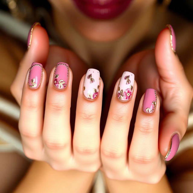 A close-up of a beautifully manicured women's hands showcasing stunning nail art