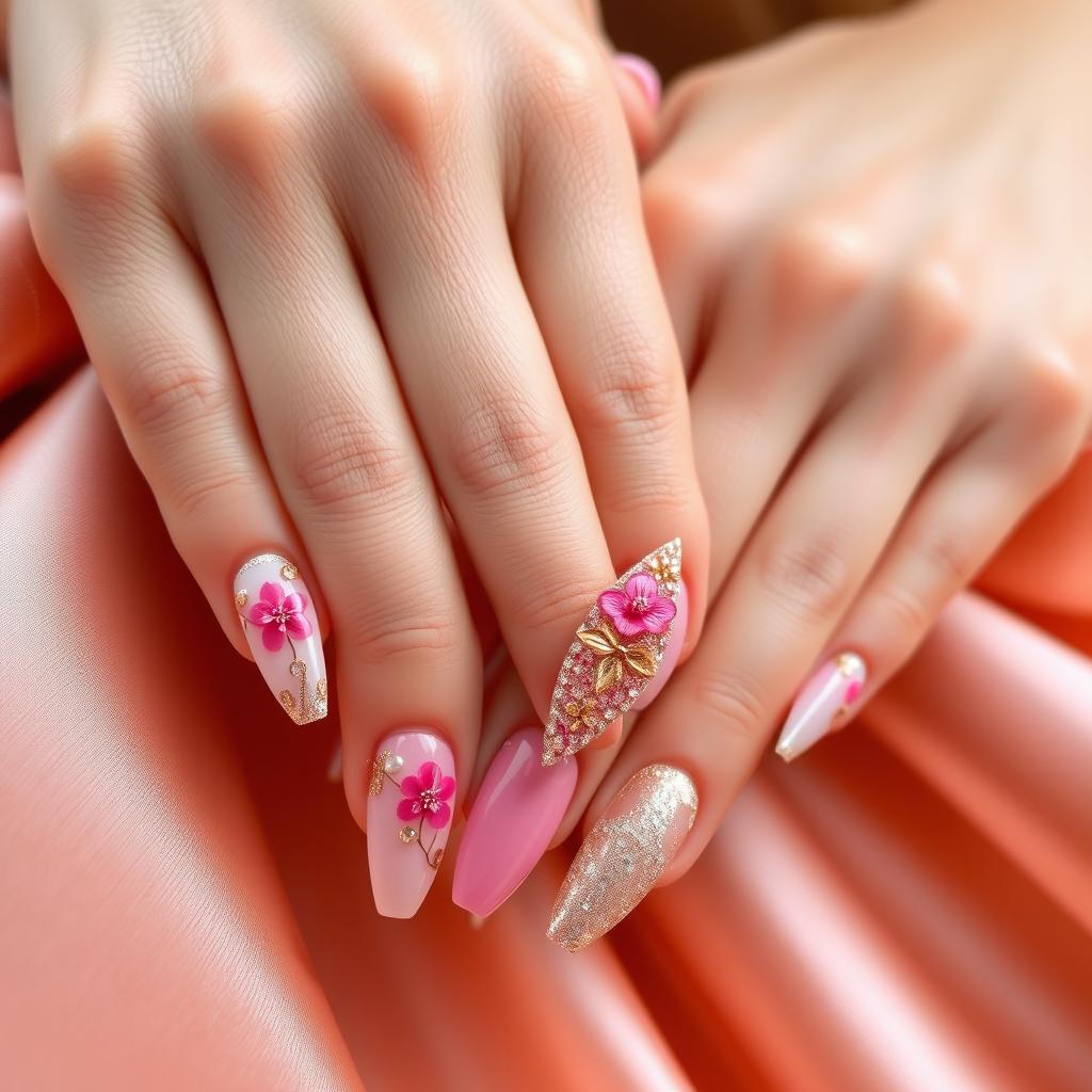 A close-up of a beautifully manicured women's hands showcasing stunning nail art