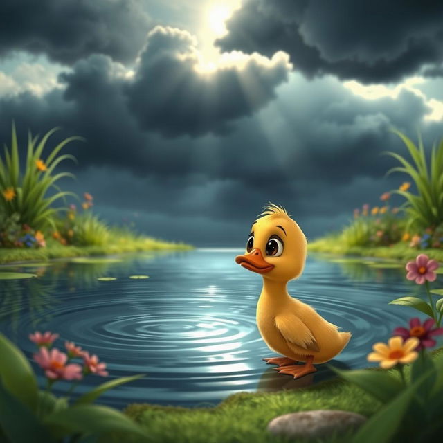 A small, animated pond scene featuring a little duck named Paco, who appears lonely and sad