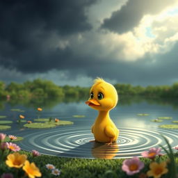 A small, animated pond scene featuring a little duck named Paco, who appears lonely and sad