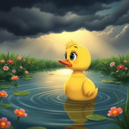 A small, animated pond scene featuring a little duck named Paco, who appears lonely and sad