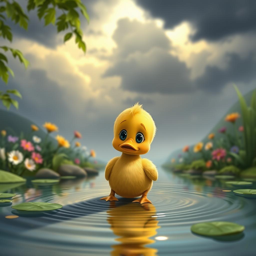 A small, animated pond scene featuring a little duck named Paco, who appears lonely and sad