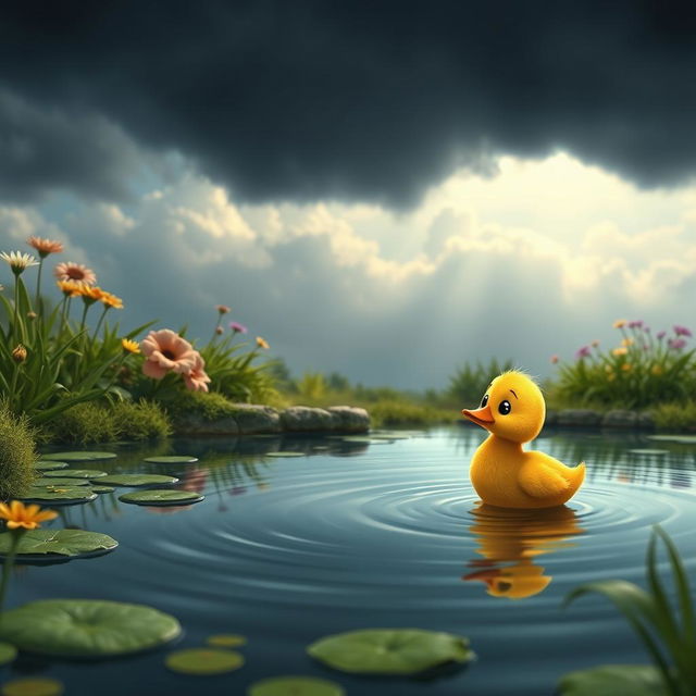 A small, animated pond scene featuring a little duck named Paco, who appears lonely and sad