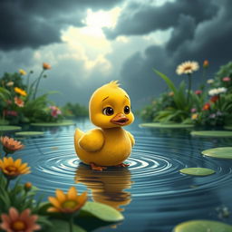 A small, animated pond scene featuring a little duck named Paco, who appears lonely and sad