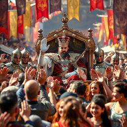 A majestic king in ornate royal attire, pausing in his grand carriage to salute a diverse crowd of enthusiastic subjects