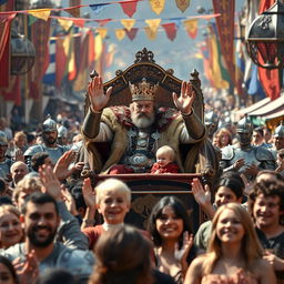 A majestic king in ornate royal attire, pausing in his grand carriage to salute a diverse crowd of enthusiastic subjects