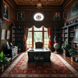 An ornate presidential office, featuring an elegant wooden desk with elegant decor, large bookshelves filled with books, and a plush chair behind the desk