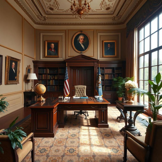 An ornate presidential office, featuring an elegant wooden desk with elegant decor, large bookshelves filled with books, and a plush chair behind the desk