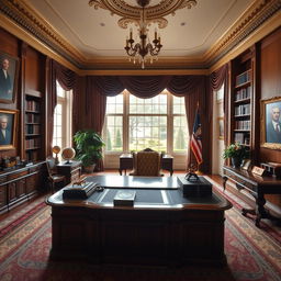 An ornate presidential office, featuring an elegant wooden desk with elegant decor, large bookshelves filled with books, and a plush chair behind the desk