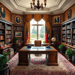 An ornate presidential office, featuring an elegant wooden desk with elegant decor, large bookshelves filled with books, and a plush chair behind the desk