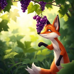 A vivid scene in a lush green garden, featuring a clever fox with orange fur looking up at a bunch of ripe, succulent grapes hanging from a vine