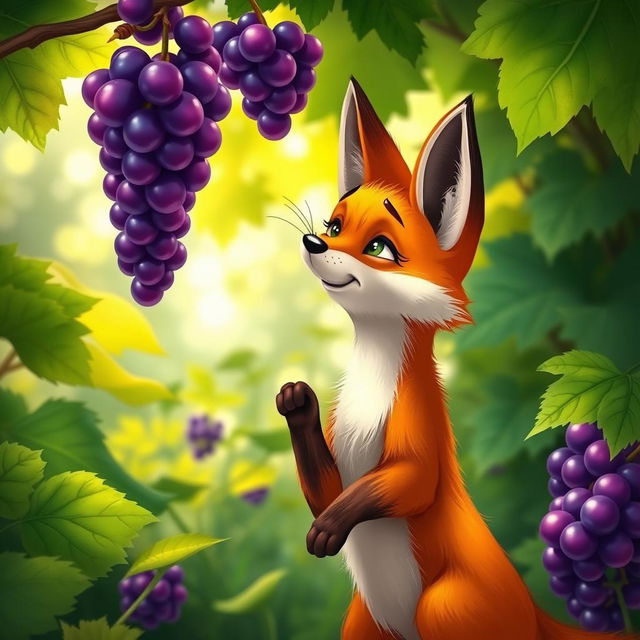 A vivid scene in a lush green garden, featuring a clever fox with orange fur looking up at a bunch of ripe, succulent grapes hanging from a vine