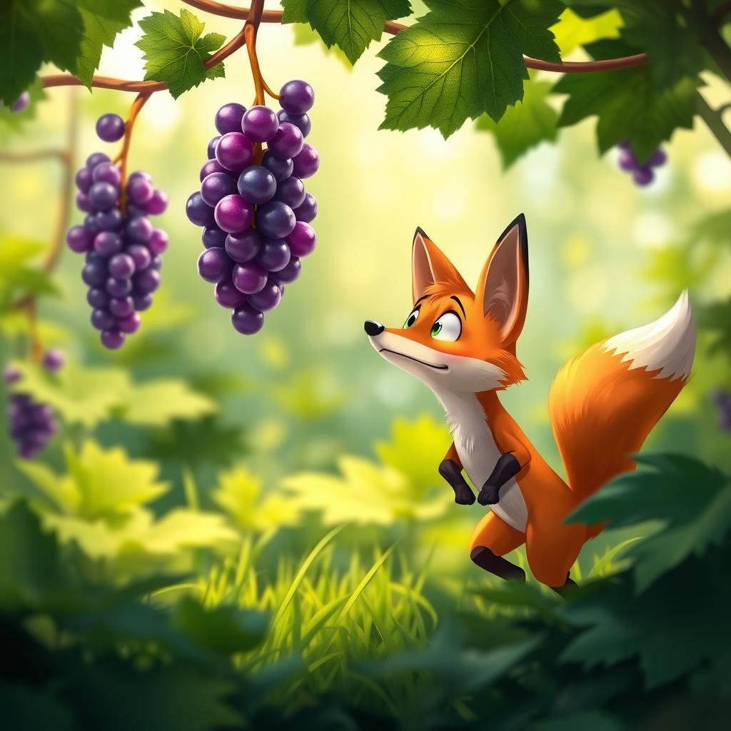 A vivid scene in a lush green garden, featuring a clever fox with orange fur looking up at a bunch of ripe, succulent grapes hanging from a vine