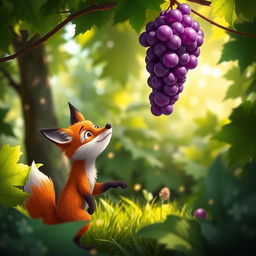 A vivid scene in a lush green garden, featuring a clever fox with orange fur looking up at a bunch of ripe, succulent grapes hanging from a vine