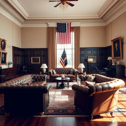 A large presidential office featuring a luxurious living room and an expansive conference room